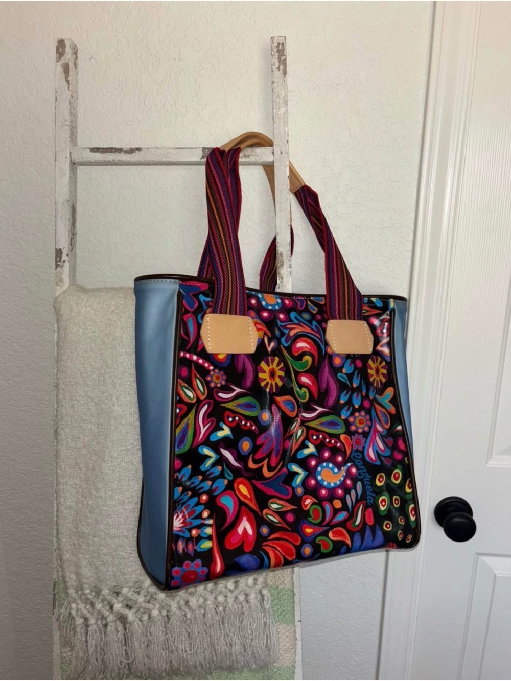 Consuela Multicolor Floral Tote with Blue Side Panels